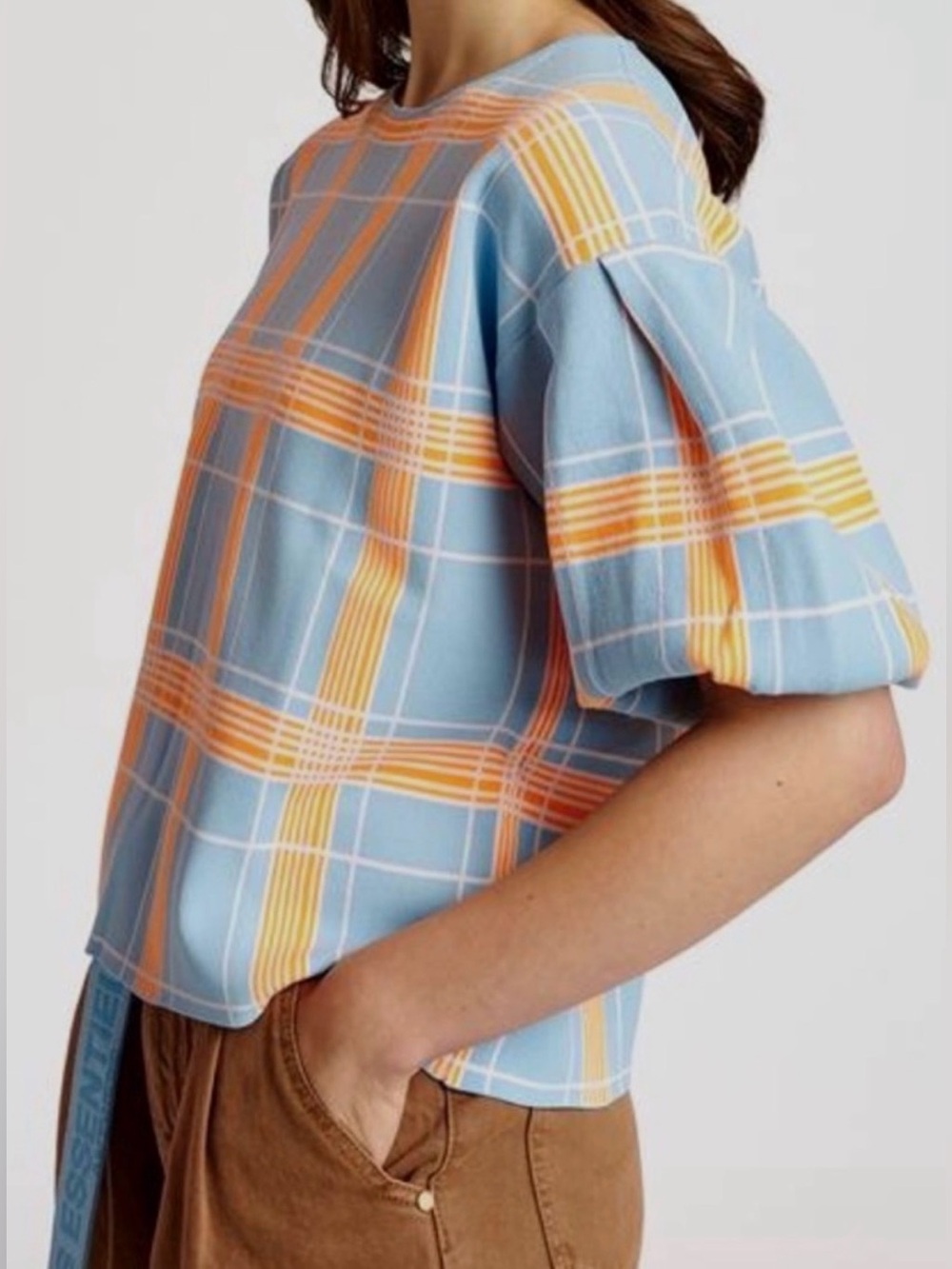 Essentiel Antwerp blouse stretch sweater top pastel plaid puff sleeve europe S